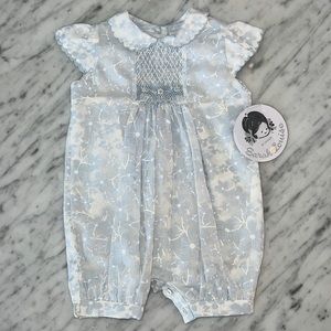 New Sarah Louise Baby Girl Smocked Blue Floral Organza Romper